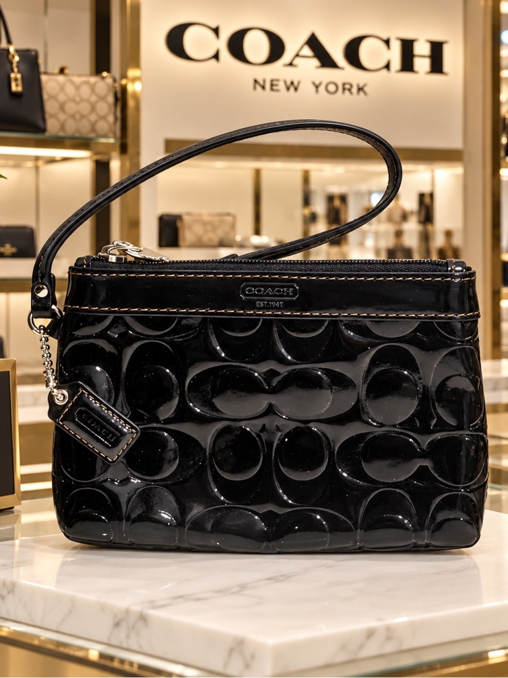 Coach Black Patent Leather Signature Wristlet